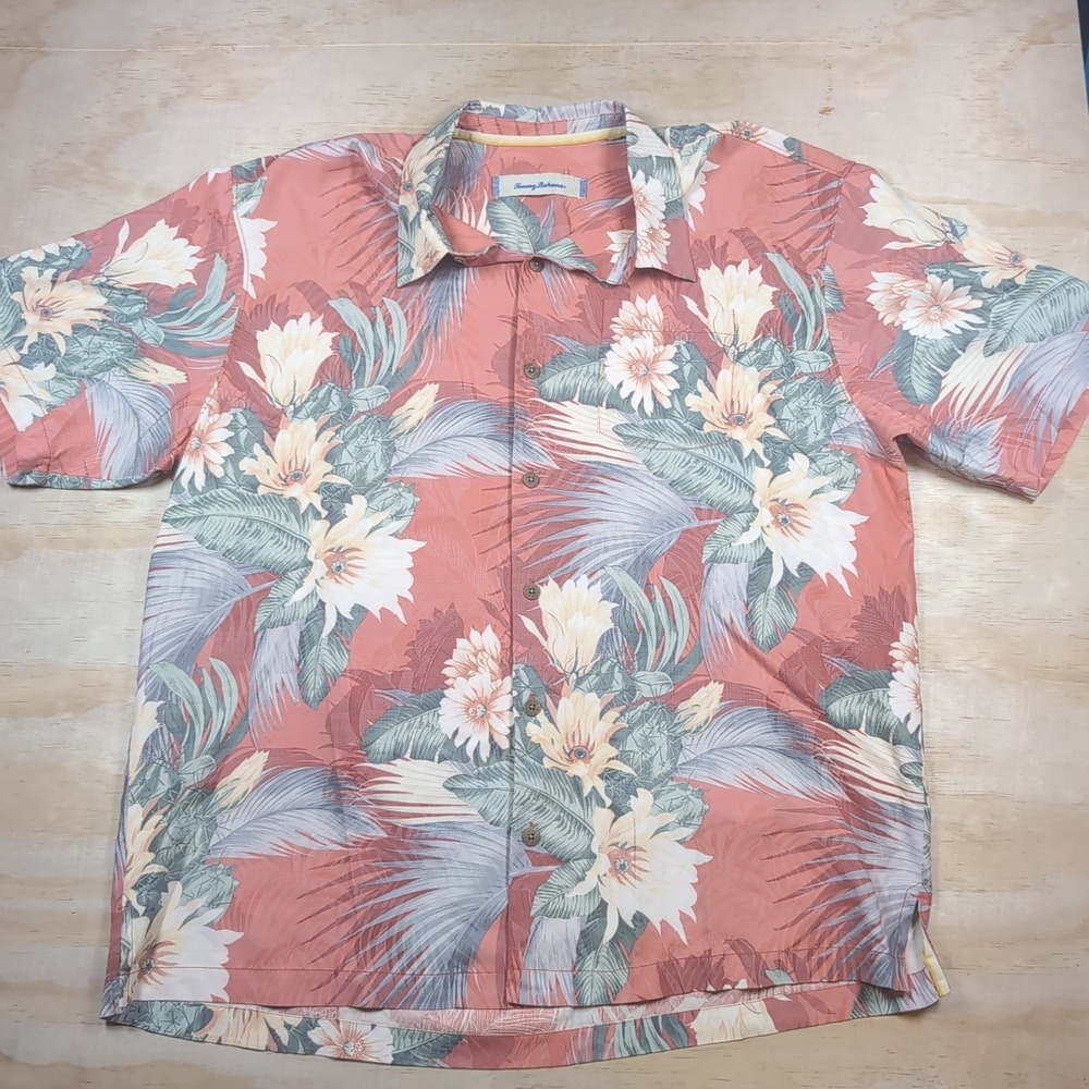 Tommy Bahama Hawaiian Camp Shirt Men's XXL Silk Coral Tropical Leaves Vacation